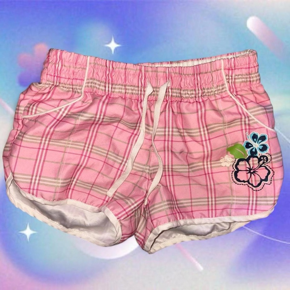 vintage y2k pink plaid swim shorts - summer world, sz y-md, fits xxs/xs